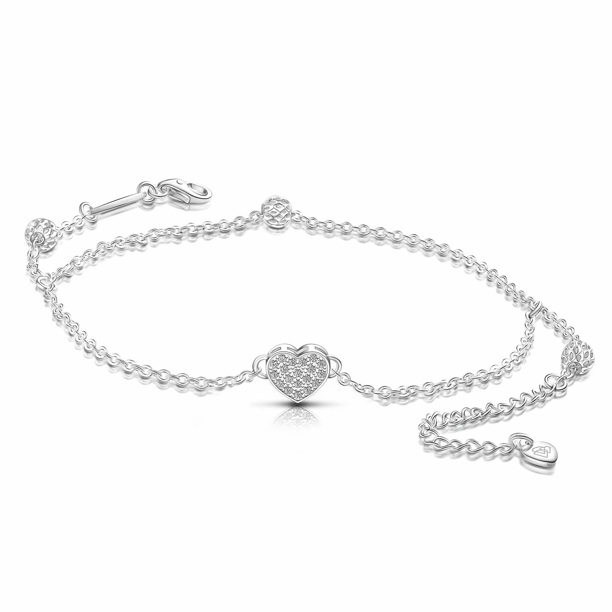 Sterling Silver 925 Cross & Heart Double Chain Anklet Heart Ankle