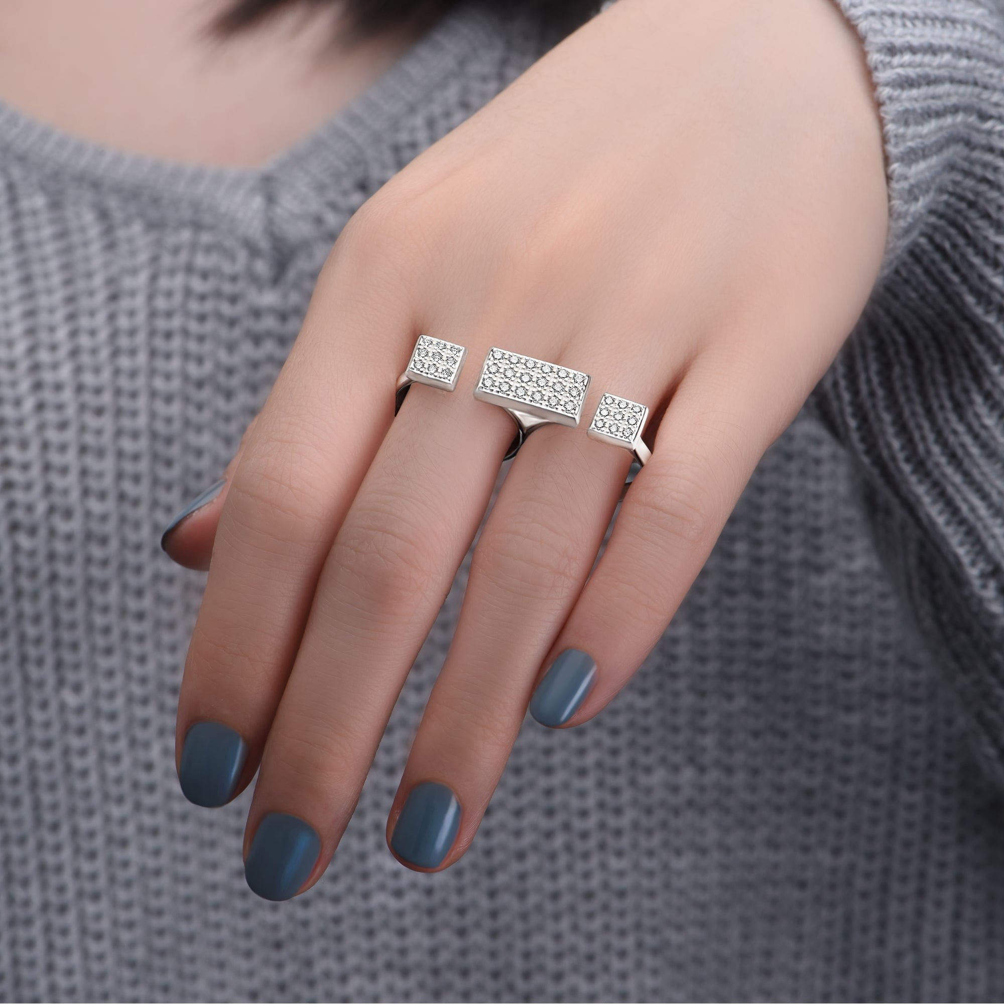 CZ Bar Two Finger Rings Adjustable Silver - Eleganzia Jewelry