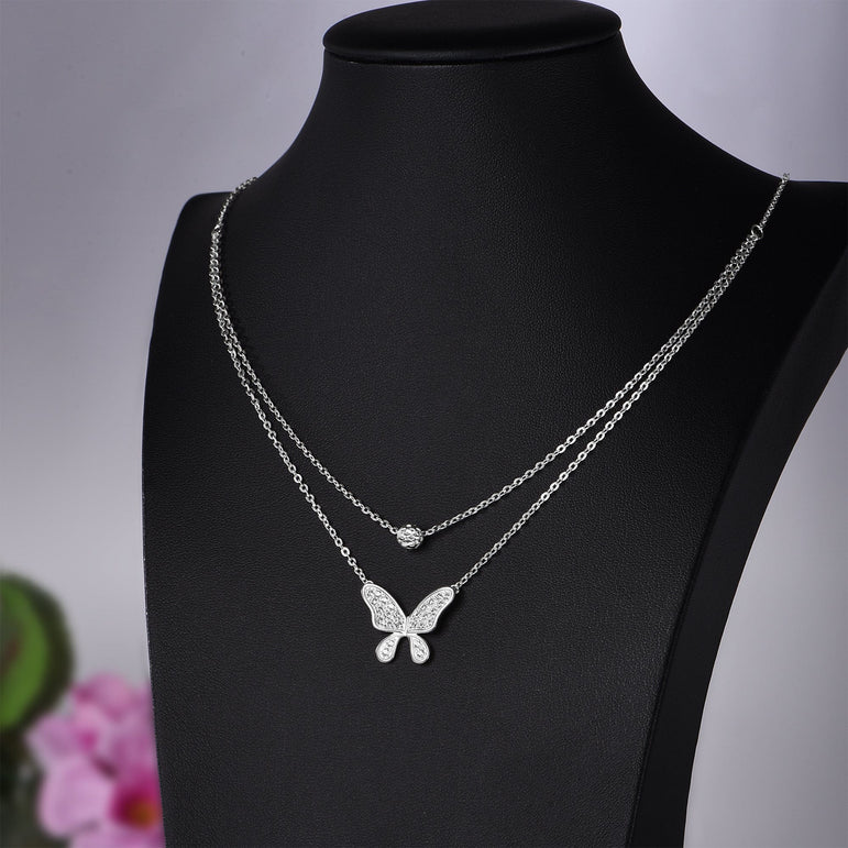 Dazzling CZ Layered Butterfly Silver Necklace Pendant Necklace