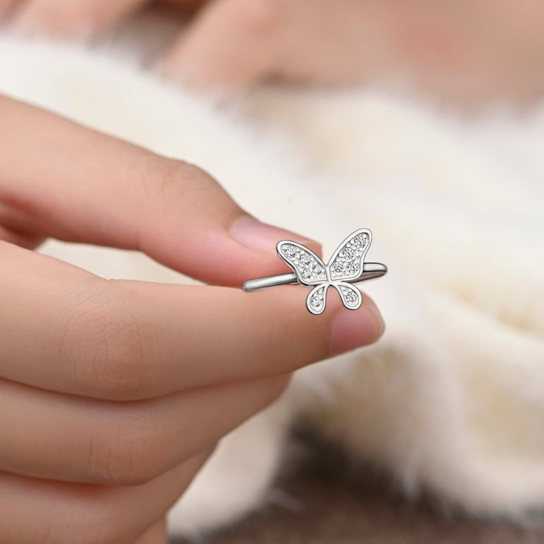 Dazzling CZ Butterfly Sterling Silver Ring Adjustable Ring