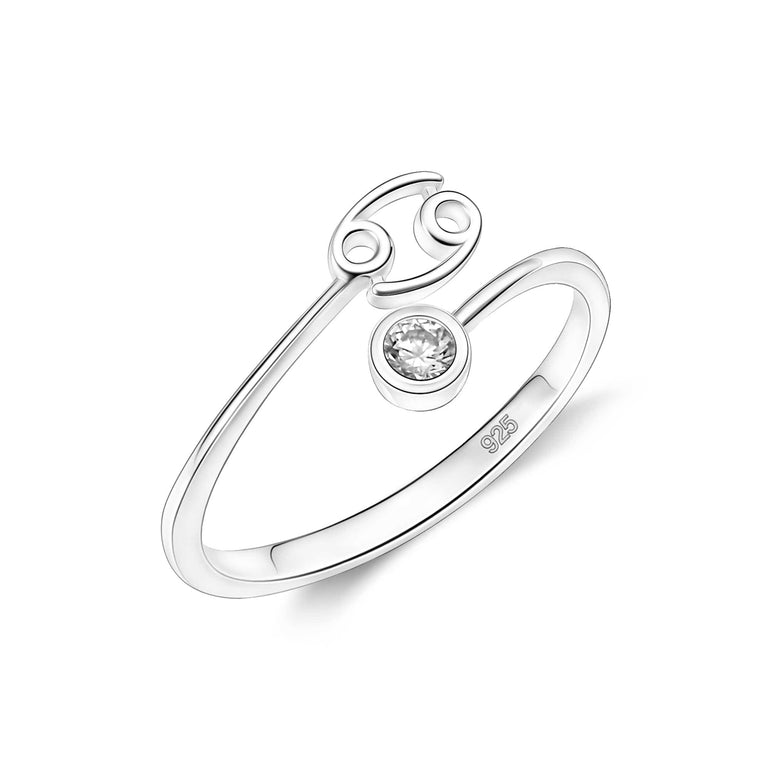 CZ Zodiac Ring Sterling Silver Adjustable 12 Constellation Rings Ring Cancer / High Polished