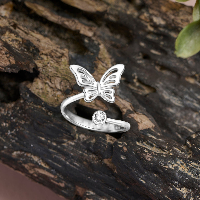 Simple Butterfly Ring Silver CZ Open Bypass Ring Adjustable Adjustable Ring
