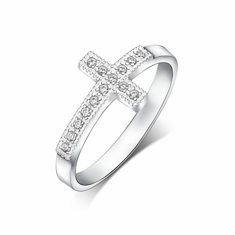Classic Sideways Cross Rings Sterling Silver US9 / Rhodium Plated