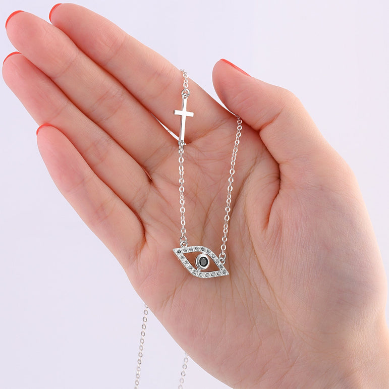 CZ Evil Eye Necklace with Sterling Silver Cross Charm Pendant Necklace