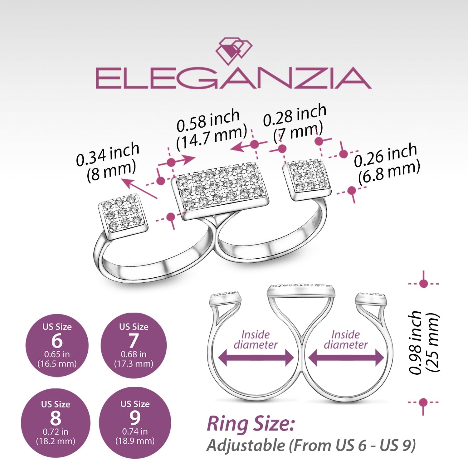CZ Bar Two Finger Rings Adjustable Silver - Eleganzia Jewelry