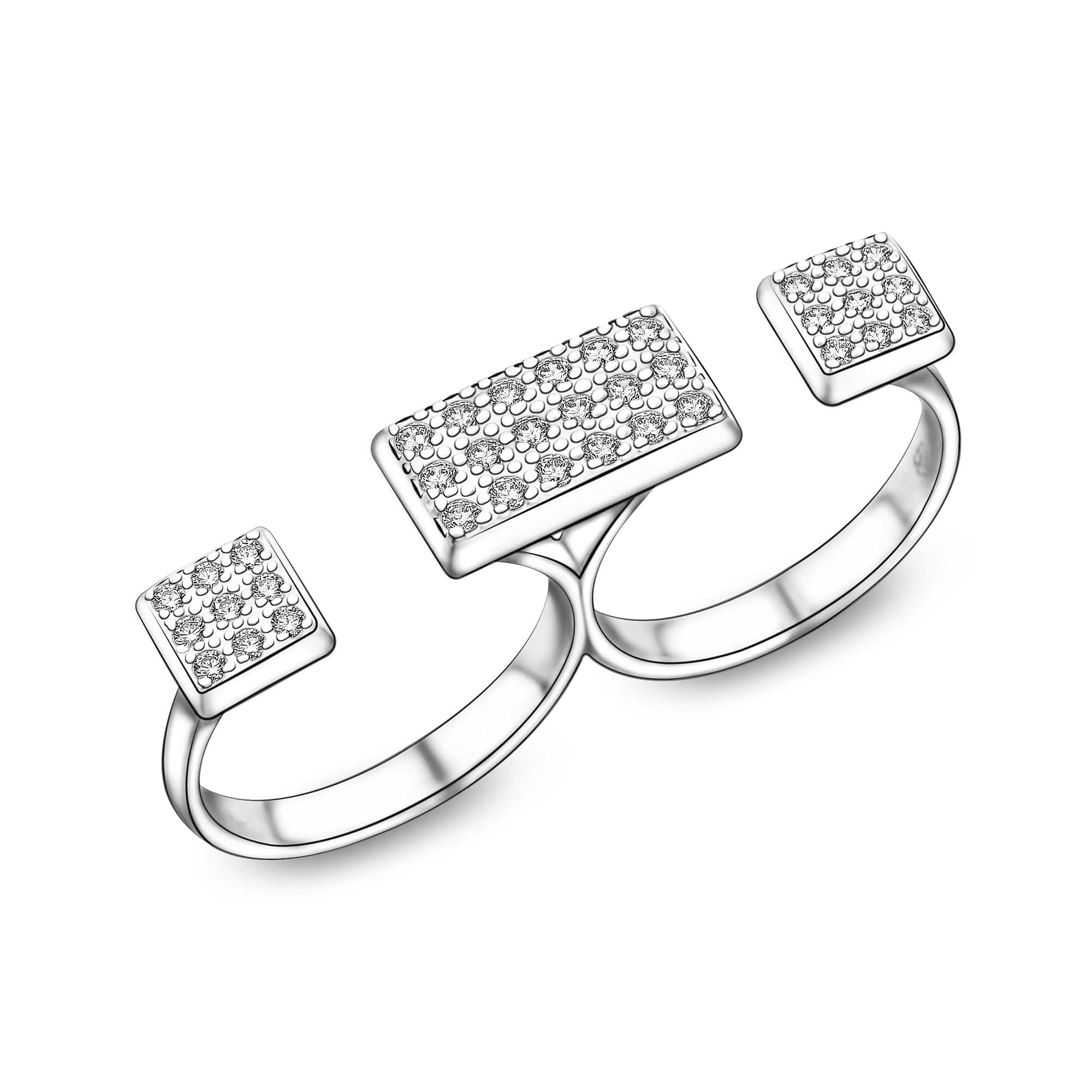 CZ Bar Two Finger Rings Adjustable Double Ring Band Silver Adjustable Ring