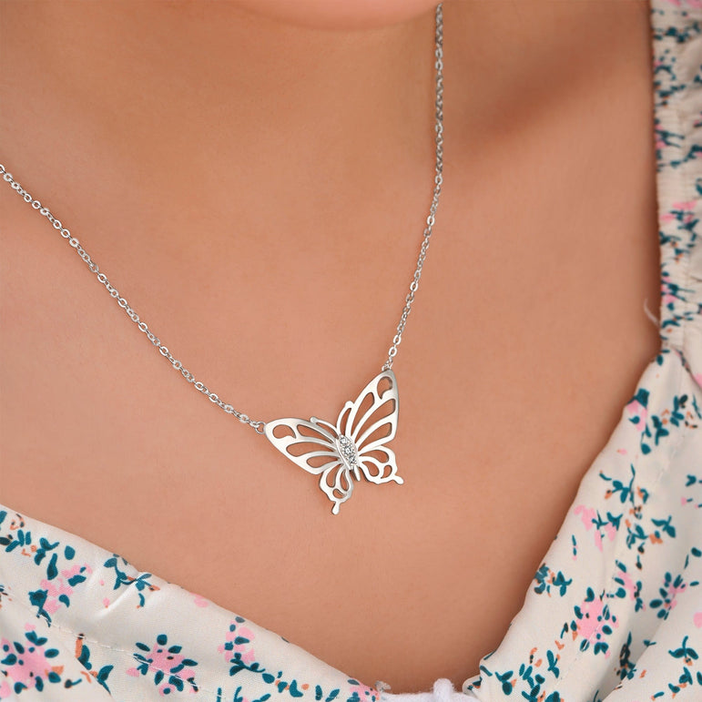 Simple CZ Butterfly Silver Necklace Pendant Necklace