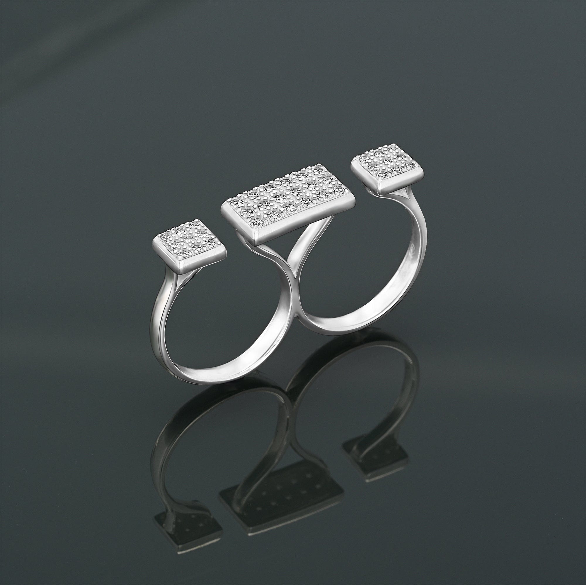 CZ Bar Two Finger Rings Adjustable Silver - Eleganzia Jewelry