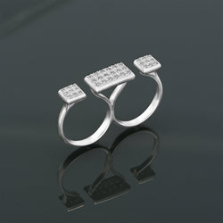 CZ Bar Two Finger Rings Adjustable Double Ring Band Silver Adjustable Ring