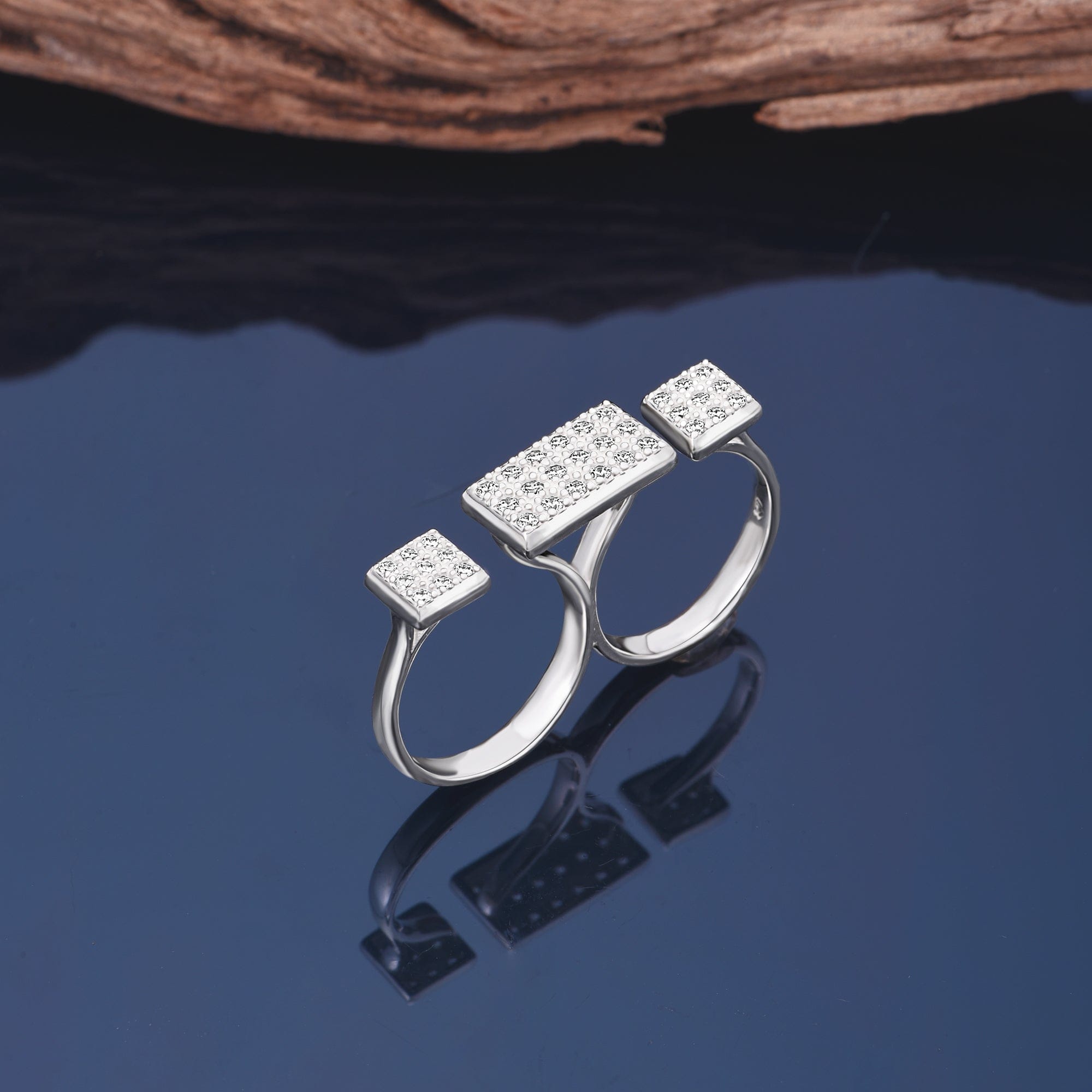 CZ Bar Two Finger Rings Adjustable Silver - Eleganzia Jewelry