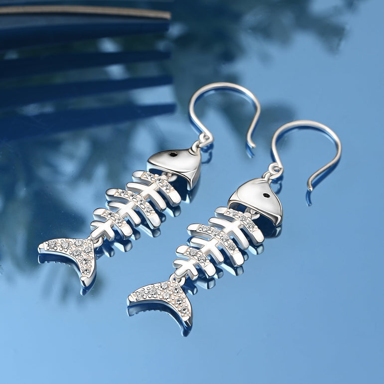 CZ Fishbone Drop Earrings Silver Dangle Earrings Drop Earrings