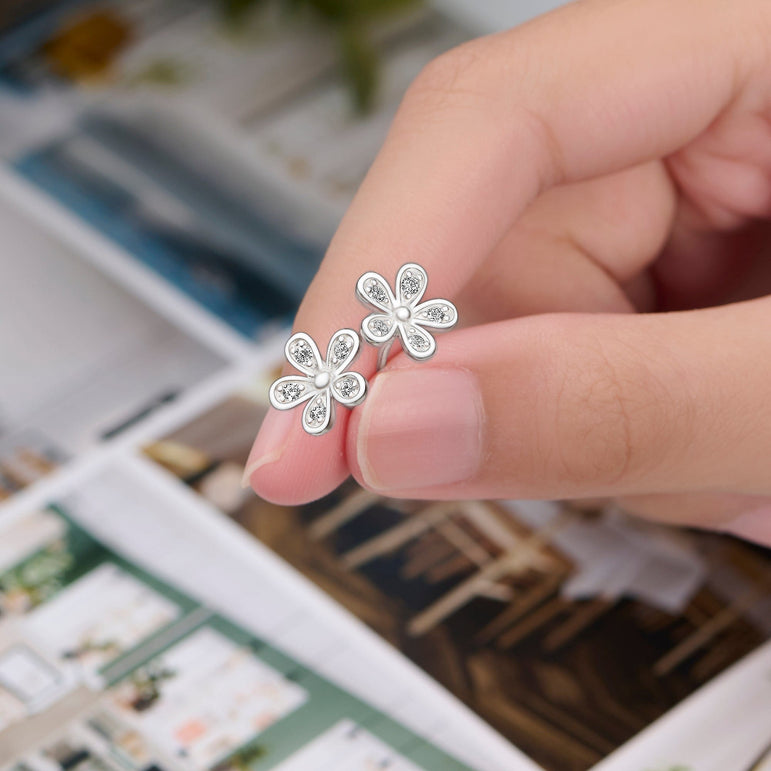 CZ Small Flower Stud Earrings Silver Minimalist Earrings Stud Earrings