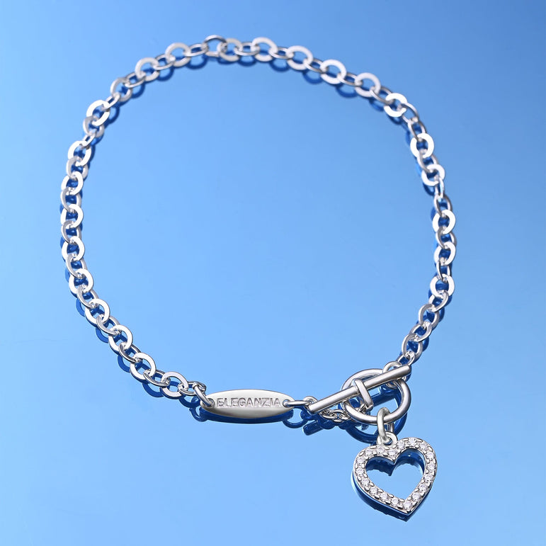 CZ Open Heart Bracelet in T-Bar Silver Chain Bracelet