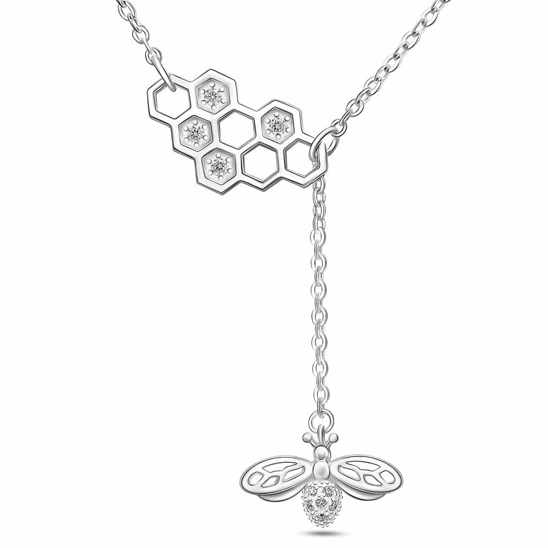 CZ Honeycomb Necklace with Bee Necklace Charm Silver Pendant Necklace