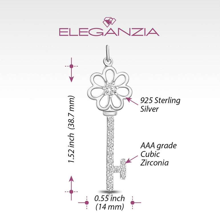 CZ Flower Key Sterling Silver Pendant Pendant Necklace