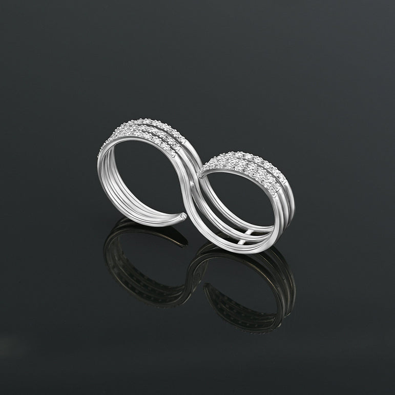CZ Triple Line Two Finger Ring Silver Adjustable Adjustable Ring