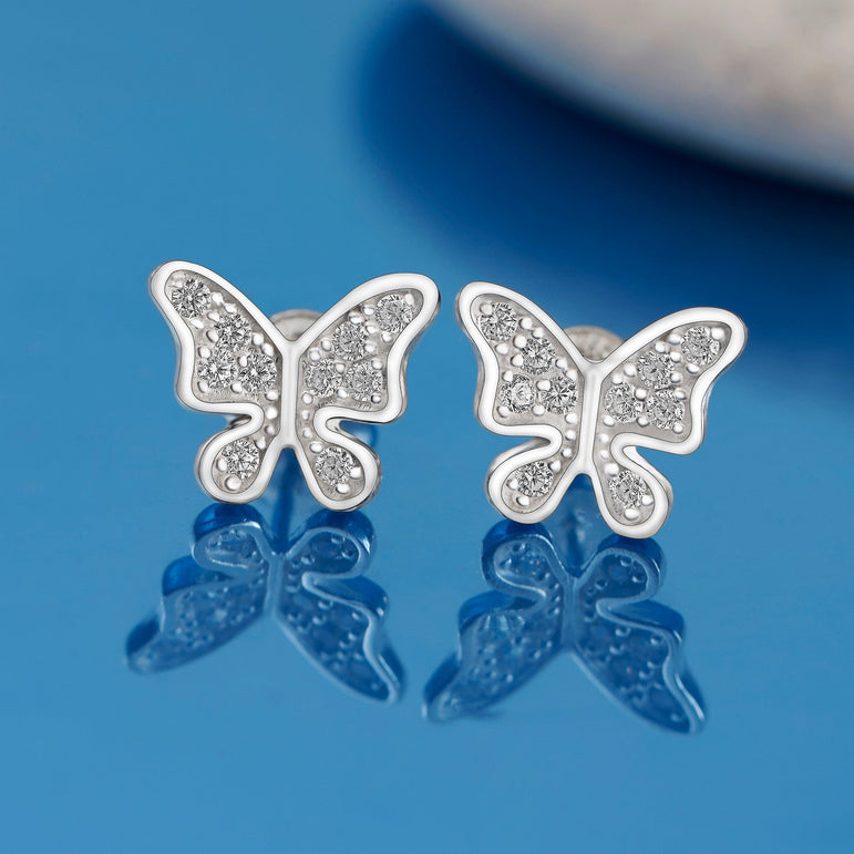 Dazzling CZ Butterfly Earrings Studs Sterling Silver Stud Earrings