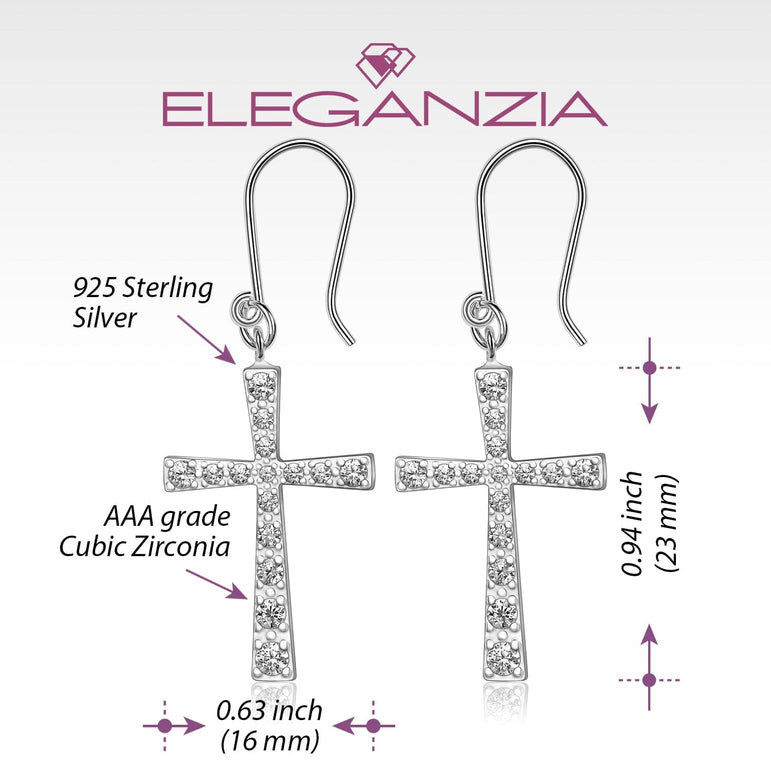 CZ Dangle Hook Cross Earrings Sterling Silver Drop Earrings
