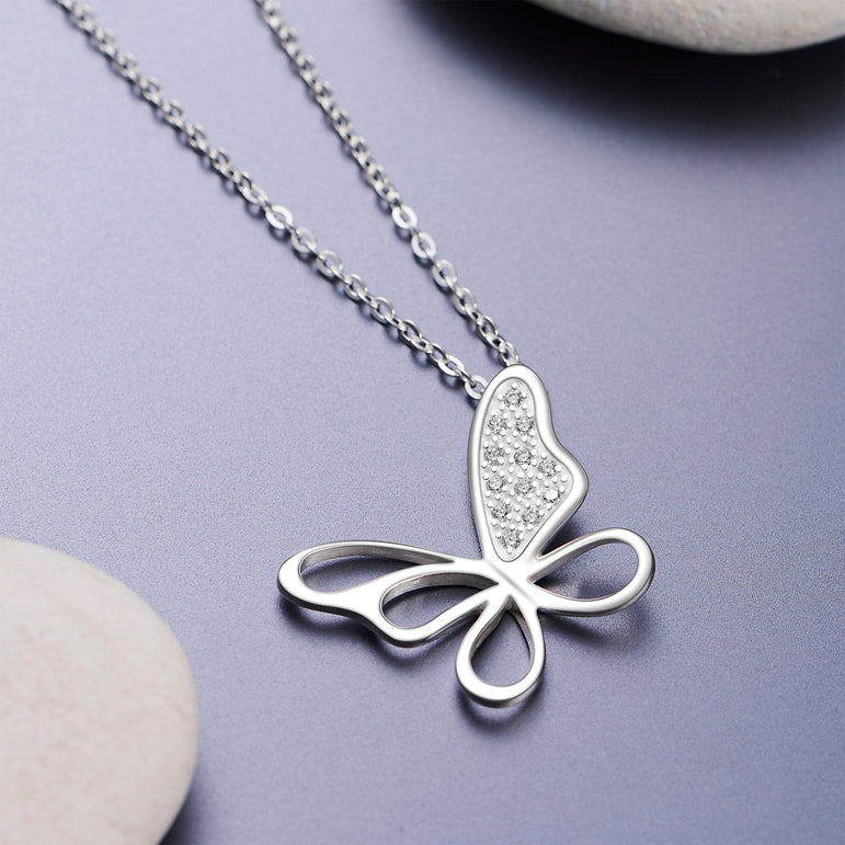 CZ Open Wings Butterfly Silver Necklace Necklaces