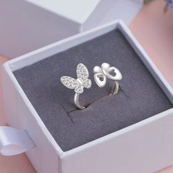 CZ Double Butterfly Ring Silver Adjustable Adjustable Ring