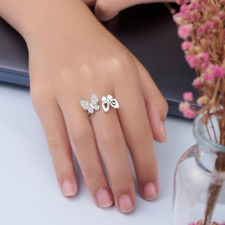 CZ Double Butterfly Ring Silver Adjustable Adjustable Ring