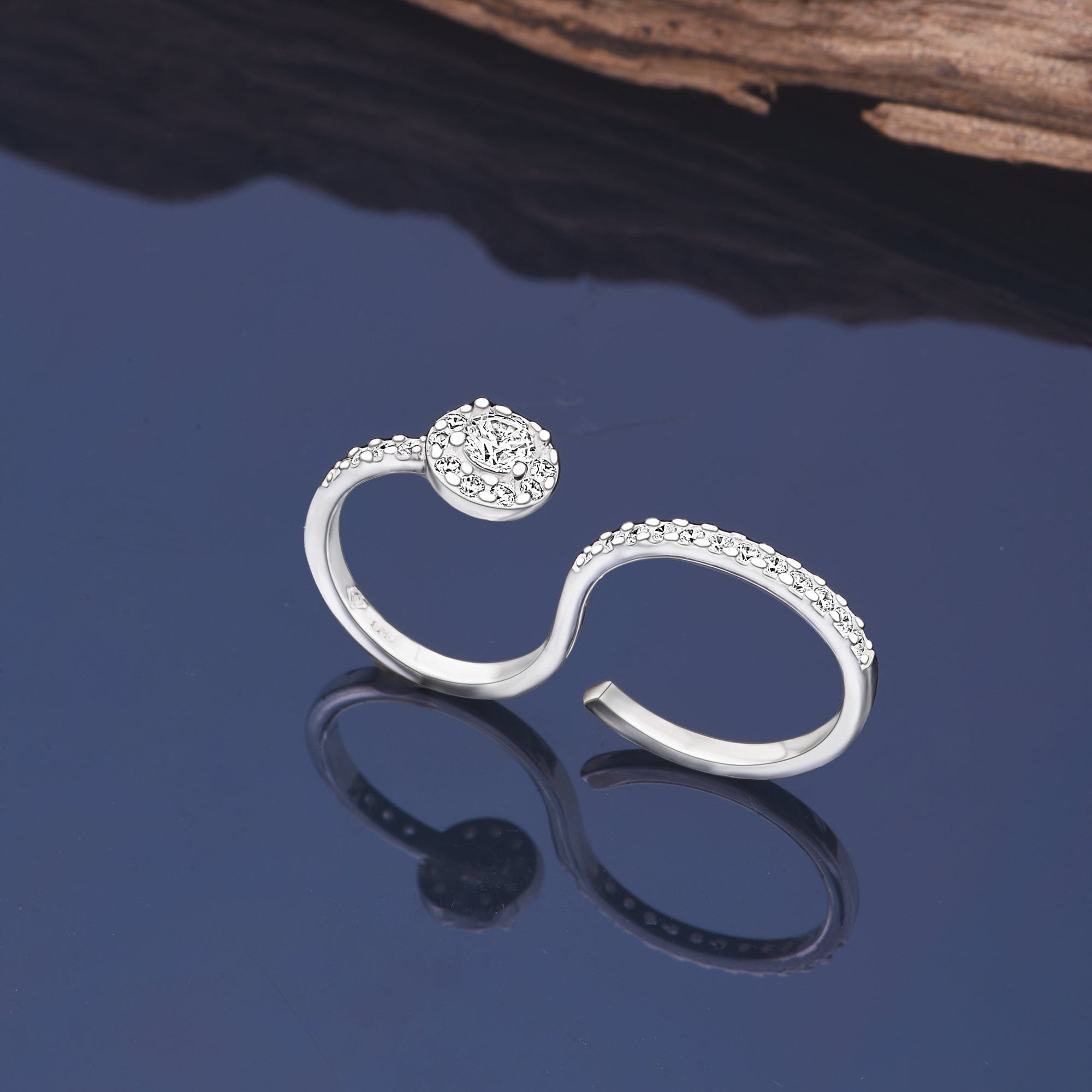 CZ Bezel Solitaire Two Finger Ring Silver Adjustable - Eleganzia Jewelry