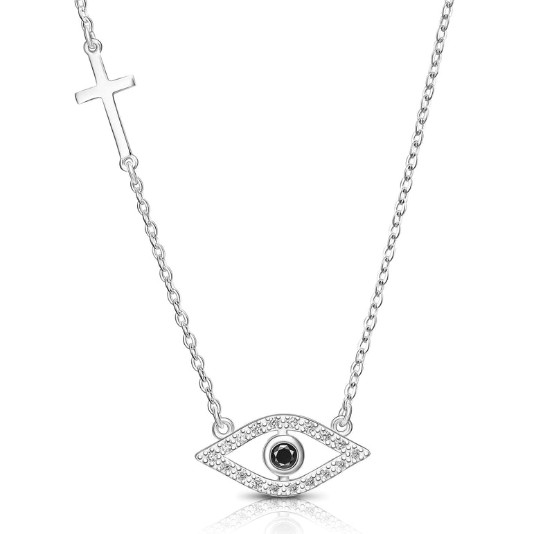CZ Evil Eye Necklace with Sterling Silver Cross Charm