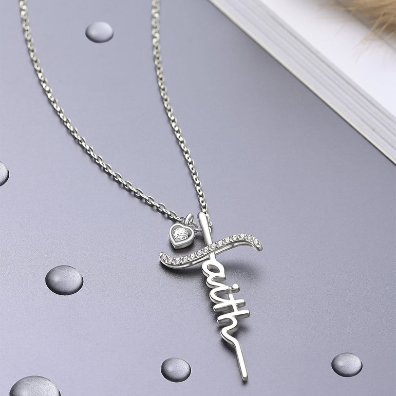 CZ Faith Necklace Sterling Silver In Cross Designs Pendant Necklace