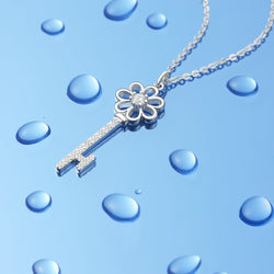 CZ Flower Key Necklace Silver Pendant Necklace