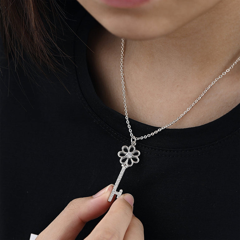 CZ Flower Key Necklace Silver Pendant Necklace