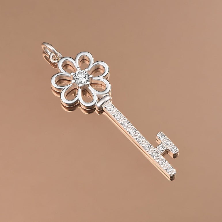 CZ Flower Key Sterling Silver Pendant Pendant