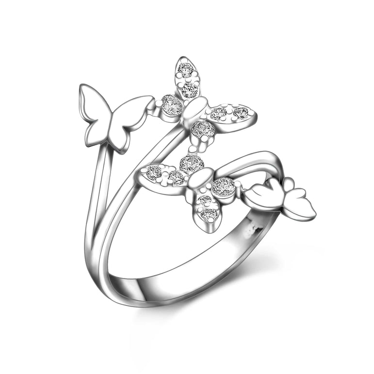 Four Flying Butterfly Ring Silver Adjustable with CZ Adjustable Ring