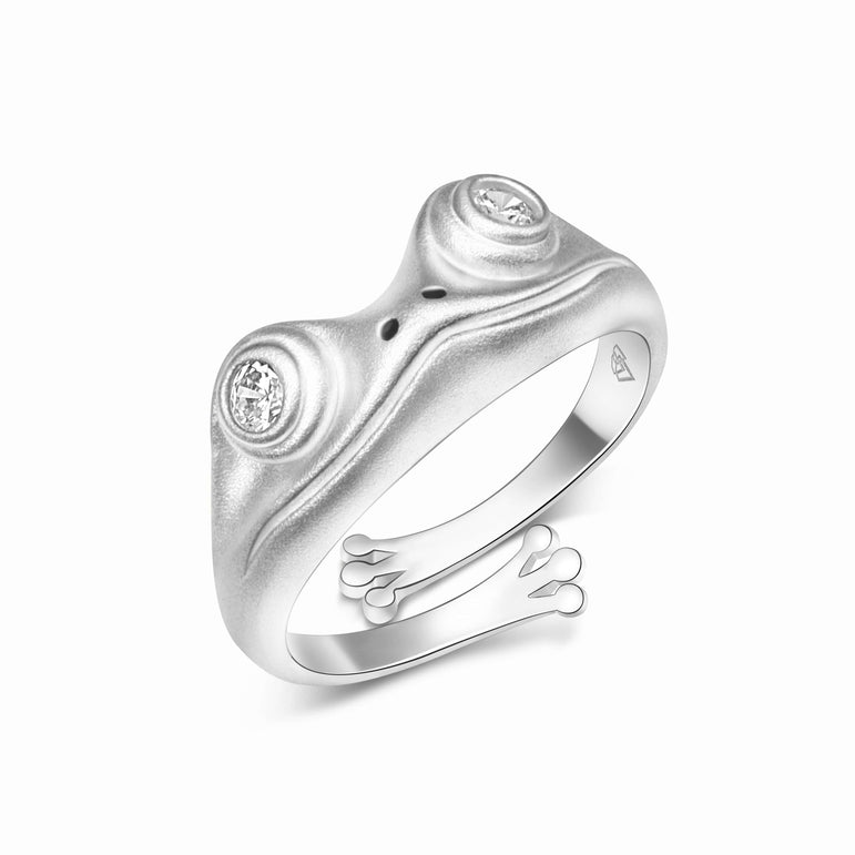 White CZ Adjustable Frog Ring Sterling Silver Ring