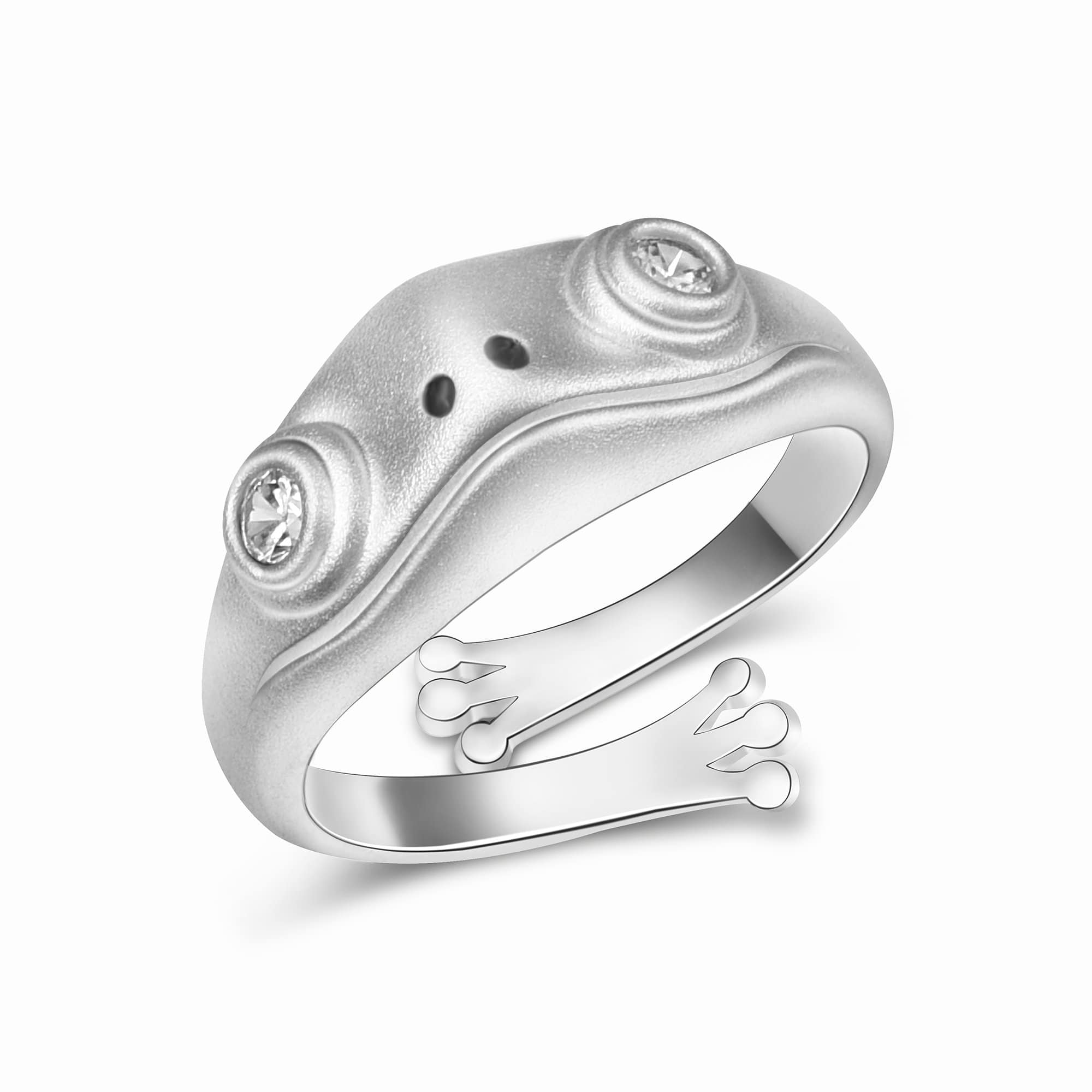 Open White CZ Adjustable Frog Ring Sterling Silver Ring
