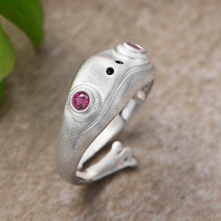 Open Ruby CZ Adjustable Frog Ring Sterling Silver Ring