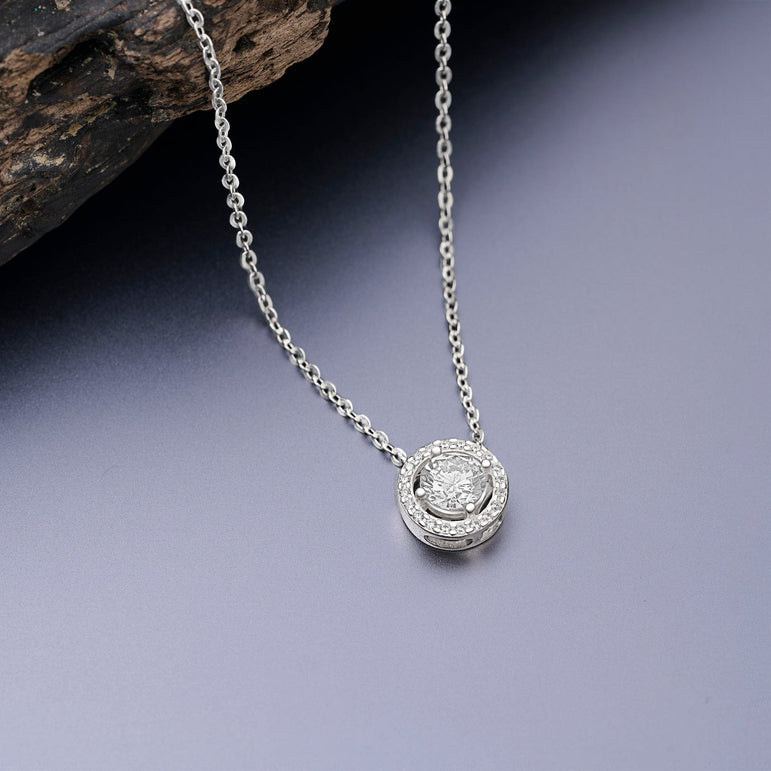 Round Sparkle Halo Necklace Sterling Silver Pendant Necklace