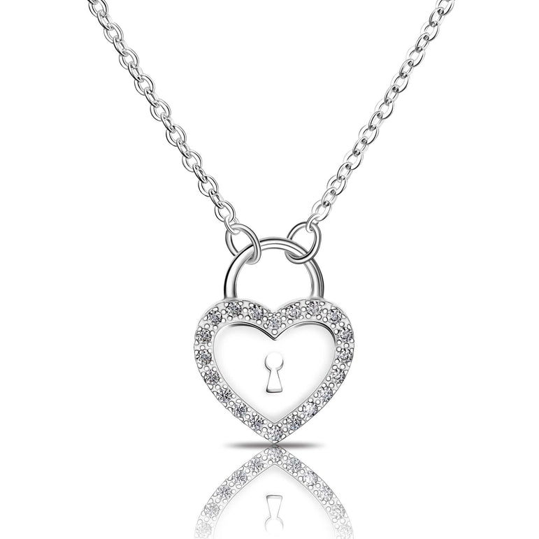 Sterling Silver Heart Lock Necklace with CZ - Eleganzia Jewelry