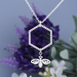 Geometric Honeycomb Necklace with Bee Sterling Silver Pendant Necklace
