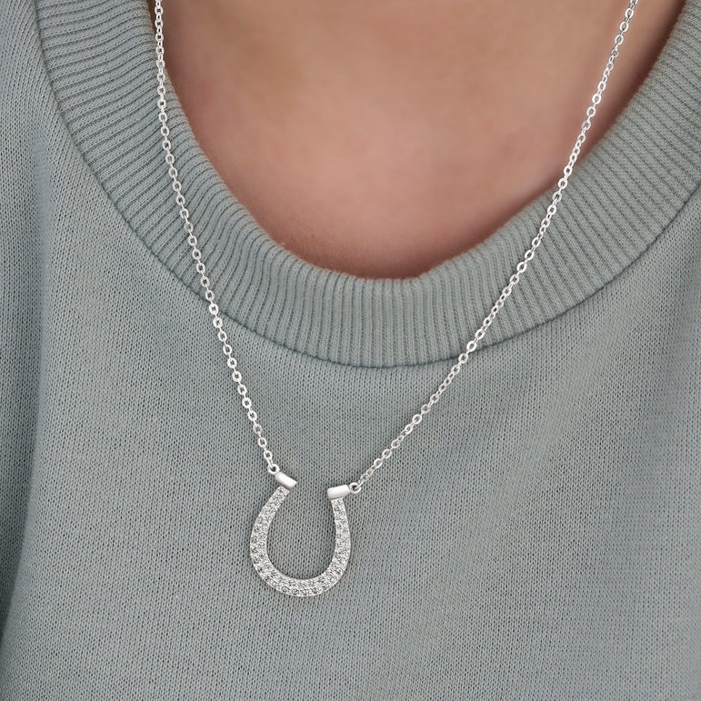Lucky Horseshoe Necklace Sterling Silver with CZ Pendant Necklace