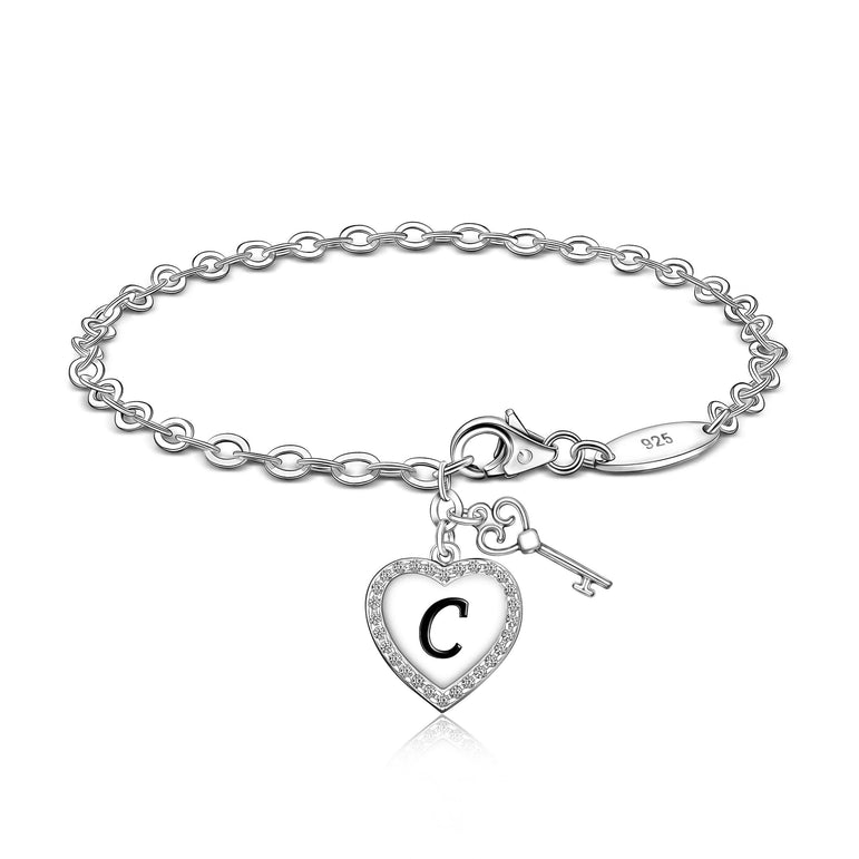 Love Heart Initial Bracelets Silver, 26 Alphabets - Eleganzia Jewelry
