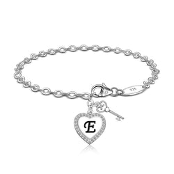 Love Heart Initial Bracelets Silver, 26 Alphabets Bracelet E