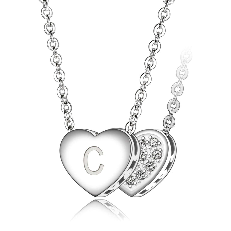 Love Heart Initial Necklace Silver, 26 Alphabets Pendant Necklace C Pendant + Chain