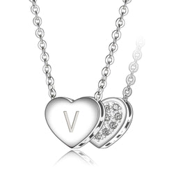 Love Heart Initial Necklace Silver, 26 Alphabets Pendant Necklace V Pendant + Chain