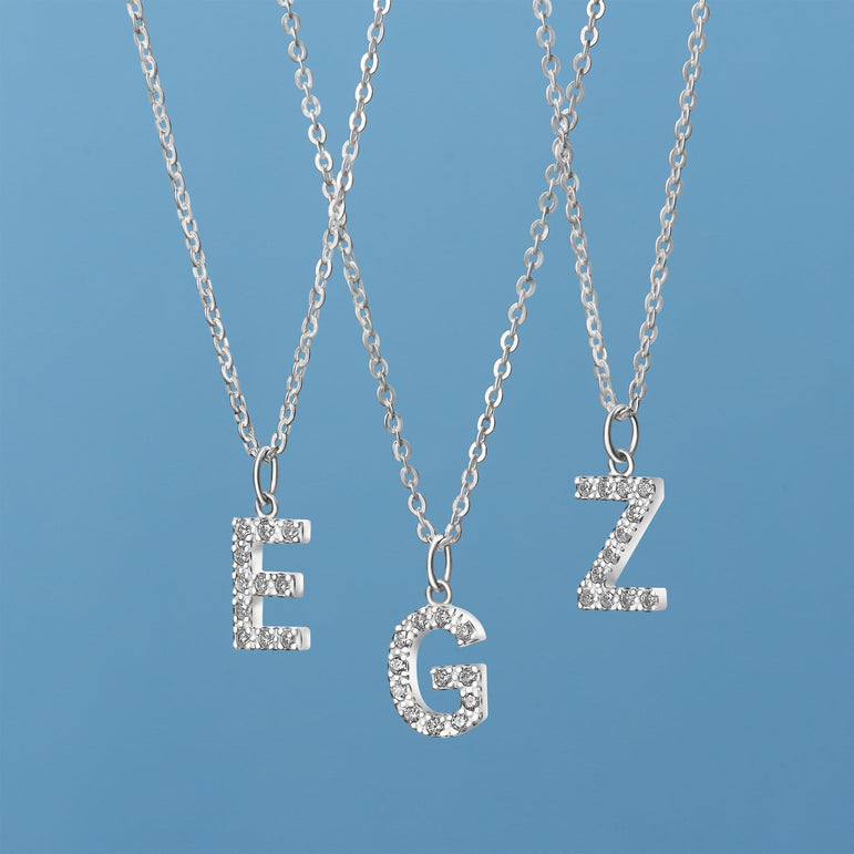 CZ Initial Sterling Silver Pendants, 26 Alphabets Pendant