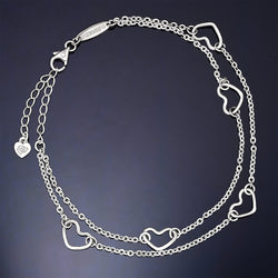 Layered Open Heart Anklet Sterling Silver Anklet