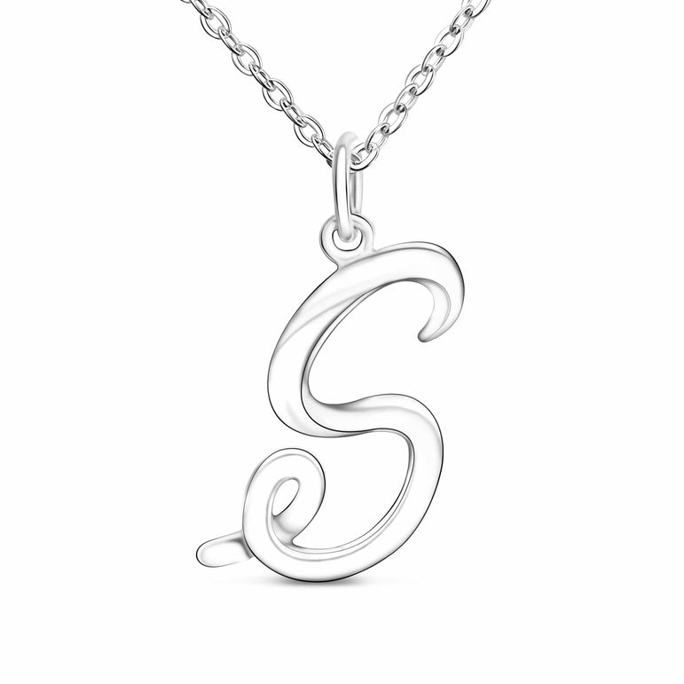 Cursive Letter Necklace Sterling Silver, 26 Alphabets Pendant Necklace
