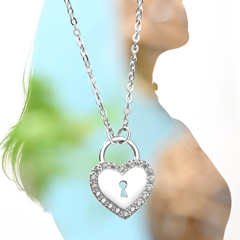 Sterling Silver Heart Lock Necklace with CZ Pendant Necklace