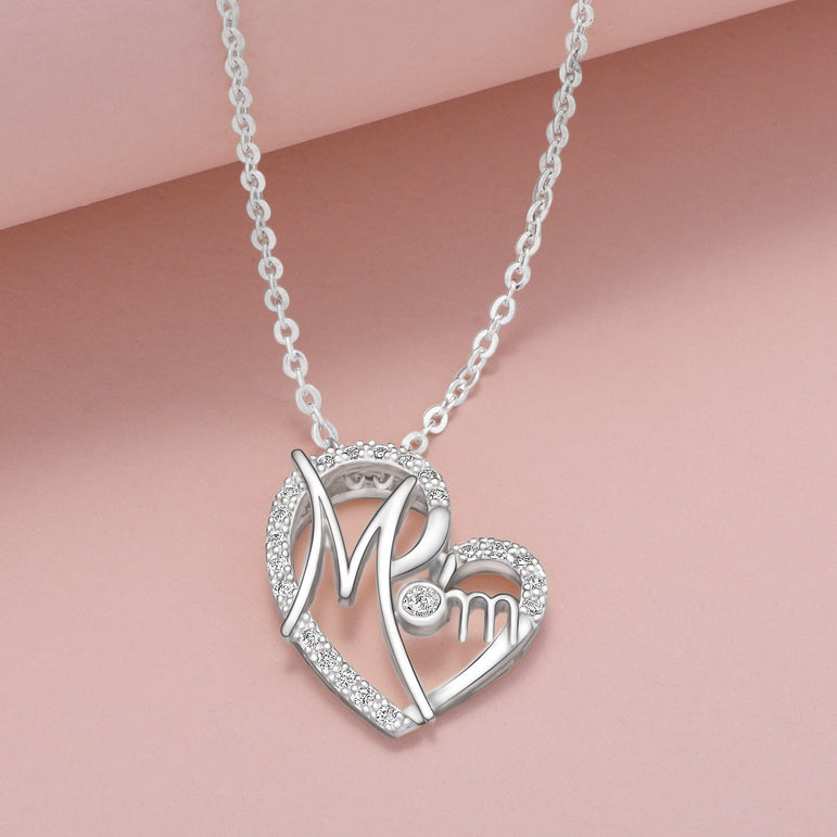 CZ Motherly Love Necklace I Love You Mom Heart Necklace Pendant Necklace