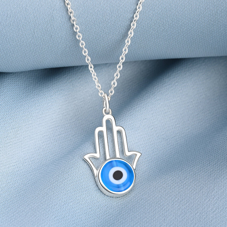 Minimalist Hamsa Hand Blue Evil Eye Necklace Pendant Necklace