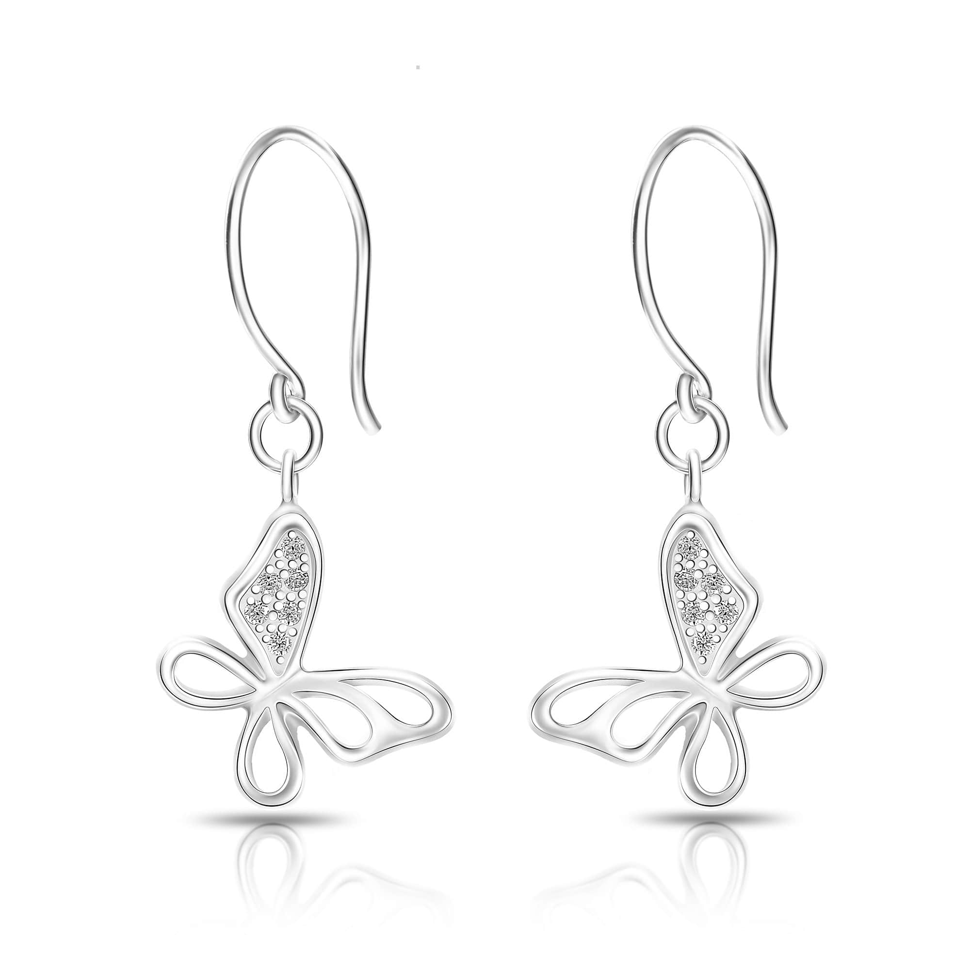 CZ Open Wings Butterfly Dangling Earrings Silver Drop Earrings